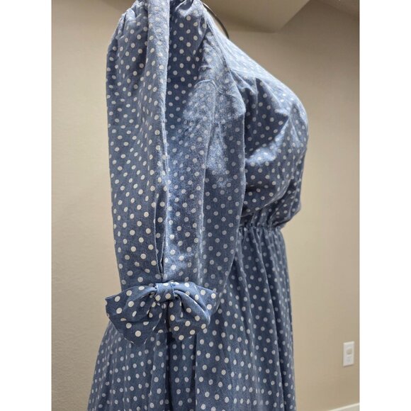 Vintage Blue Polka Dot Dress With Puff Sleeves Bow Accents & Button Front Size 1 - Picture 4 of 9